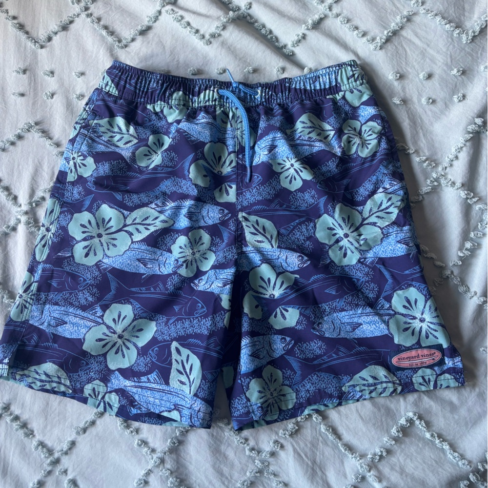 Vineyard Vines Kids Navy and Light Blue Floral Swim Shorts